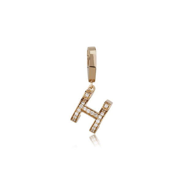 Gold pendant charm shaped like the letter H, adorned with sparkling diamonds, perfect for jewelry collections.
