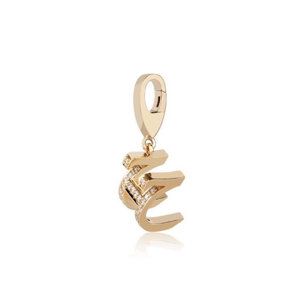 Gold charm pendant featuring a stylized design embellished with sparkling diamonds, ideal for jewelry collections and accessories.