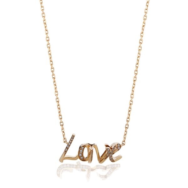 Gold necklace featuring the word 'Love' adorned with sparkling diamonds, elegant jewelry piece for any occasion.