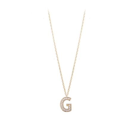 Gold necklace featuring a sparkling initial 'G' pendant, perfect for personalized jewelry collections and gifts.
