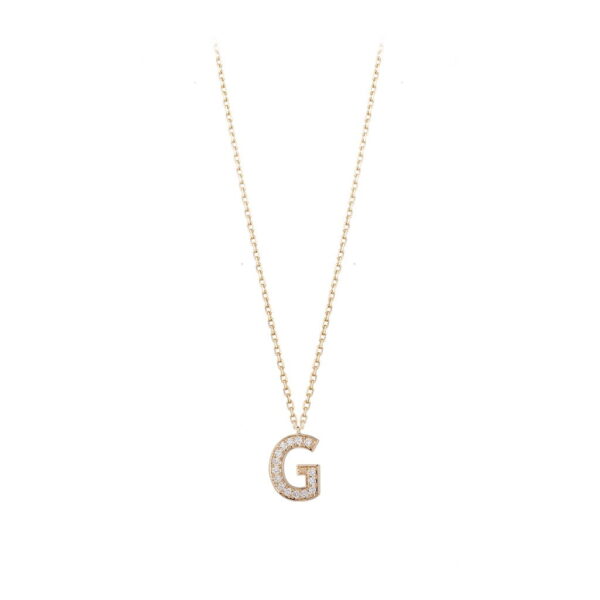 Gold necklace featuring a sparkling initial 'G' pendant, perfect for personalized jewelry collections and gifts.