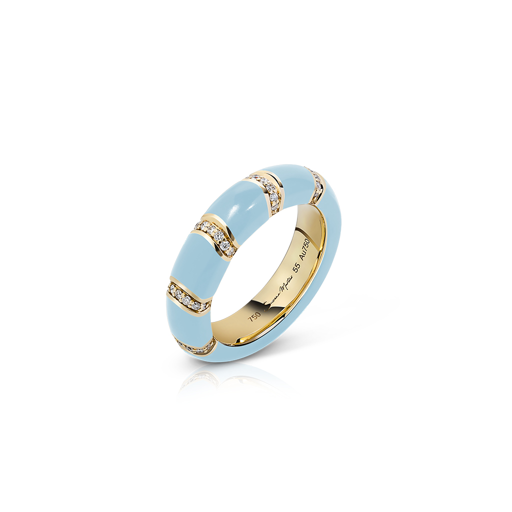 Gold band ring with baby blue enamel and small diamond accents.