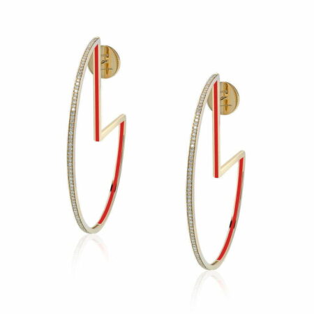 Calatrava Hoops earrings featuring a unique design with red accents and gold detailing, adorned with sparkling diamonds.