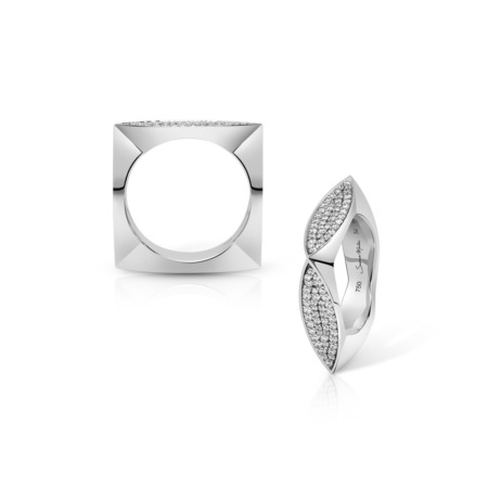 Two silver rings featuring geometric designs and diamond accents on a white background.