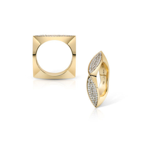 Two gold rings, one square and one oval, featuring diamond accents on the surface.