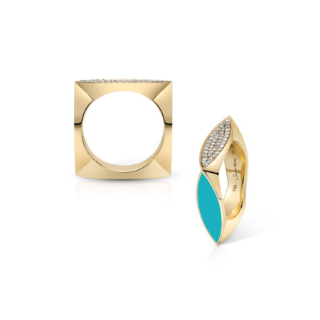 Two gold rings, one square and one with turquoise enamel and diamond accents.