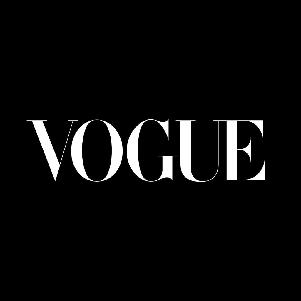 Vogue logo displayed prominently on a black background, featuring elegant typography and bold lettering.