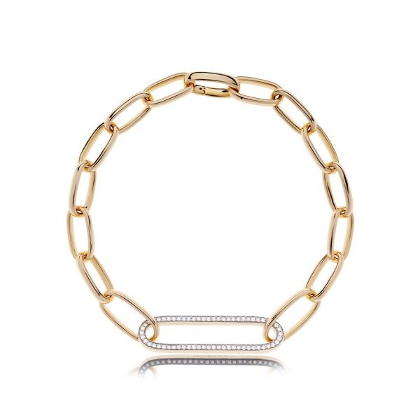 Gold link bracelet featuring a diamond-accented centerpiece, showcasing a modern and elegant design for jewelry enthusiasts.