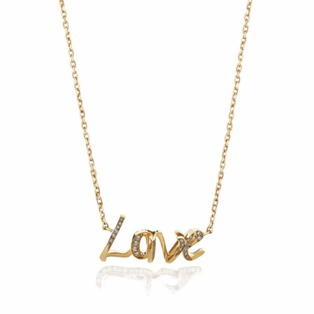 Gold necklace featuring a pendant that spells the word 'Love' in cursive lettering with small embellishments.