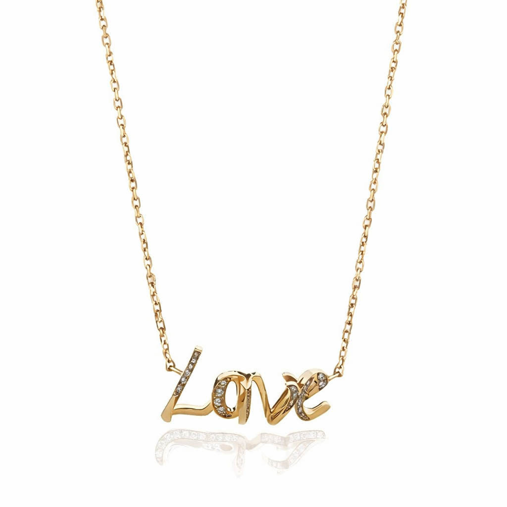 Gold necklace featuring a pendant that spells the word 'Love' in cursive lettering with small embellishments.