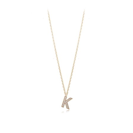 Gold necklace featuring a diamond-encrusted letter K pendant, perfect for personalized jewelry collections.
