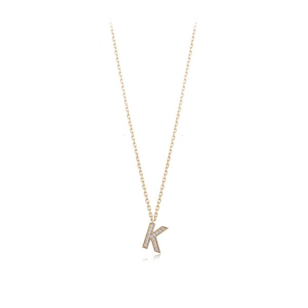 Gold necklace featuring a diamond-encrusted letter K pendant, perfect for personalized jewelry collections.