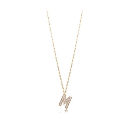 Gold necklace featuring a diamond-studded letter M pendant, elegant and stylish jewelry piece for personal expression.
