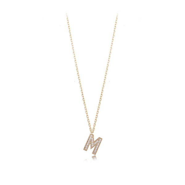Gold necklace featuring a diamond-studded letter M pendant, elegant and stylish jewelry piece for personal expression.