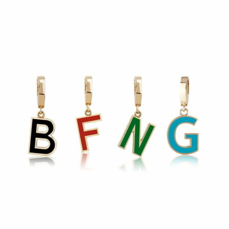 Set of four colorful letter charms featuring black, red, green, and blue letters on gold-tone clasps, ideal for jewelry making.