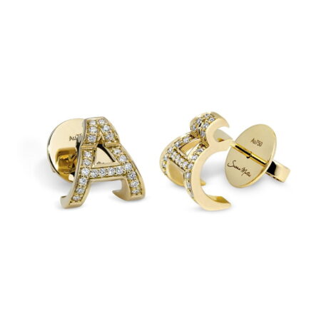 Gold letter A stud earrings with sparkling rhinestones, stylish jewelry accessory for personalized fashion.