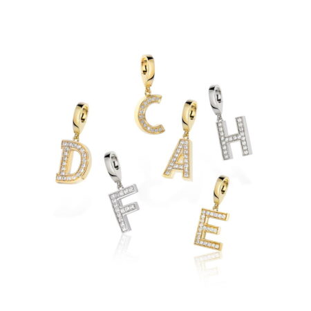 Collection of diamond letter charms in gold and silver, featuring letters A, C, D, E, and F, adorned with sparkling stones.