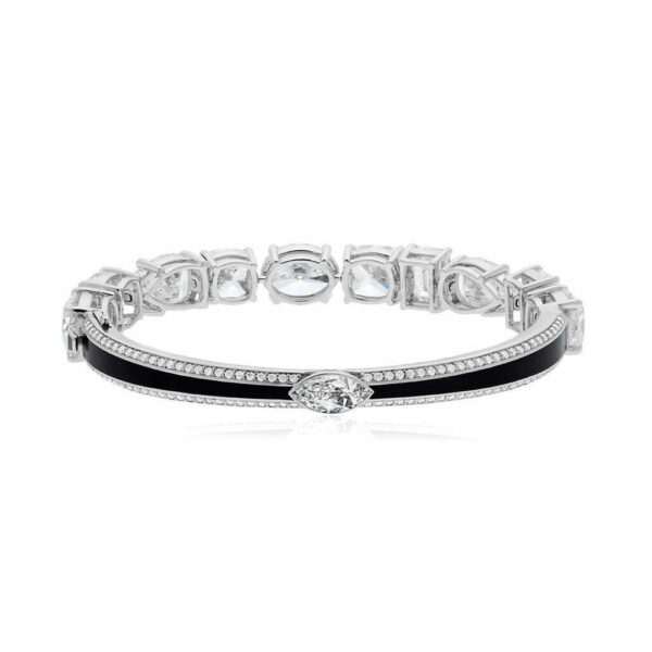 Stylish black and silver bangle bracelet featuring clear gemstones and intricate design, perfect for adding elegance to any outfit.