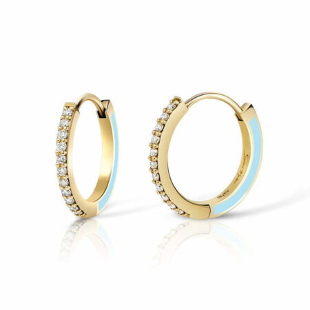 Gold hoop earrings with blue enamel and sparkling diamonds, featuring a modern design and elegant finish, perfect for any occasion.