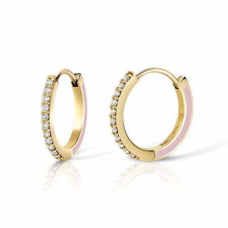 Gold and pink hoop earrings with sparkling diamonds, featuring a sleek design and elegant finish, perfect for any jewelry collection.