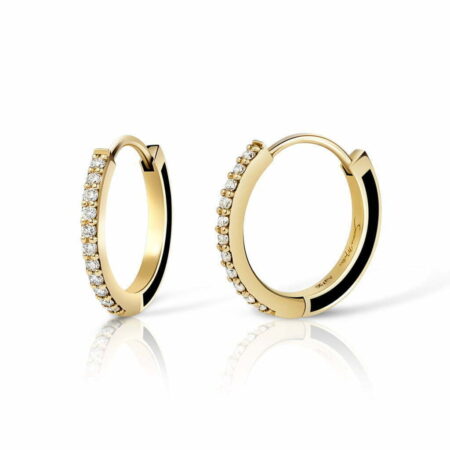 Elegant gold hoop earrings adorned with sparkling diamonds, showcasing a modern design and luxurious appeal.