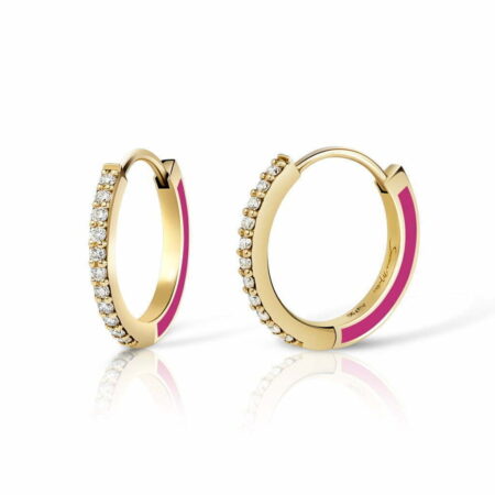 Gold hoop earrings with pink enamel and sparkling diamonds, showcasing a stylish and elegant design for modern jewelry lovers.