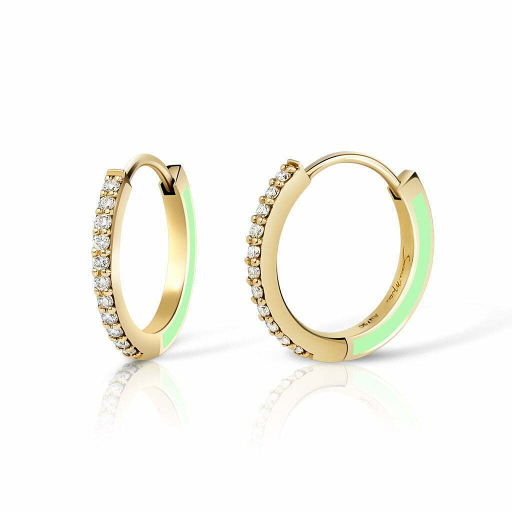 Gold hoop earrings featuring a diamond-encrusted design and a vibrant lime green accent, showcasing elegance and style.