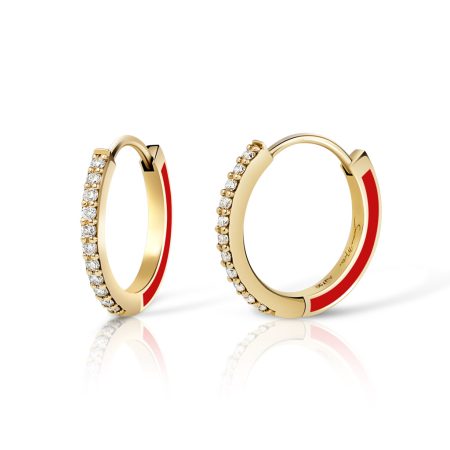 Huggies red and gold hoop earrings featuring sparkling diamonds, perfect for adding elegance to any outfit.