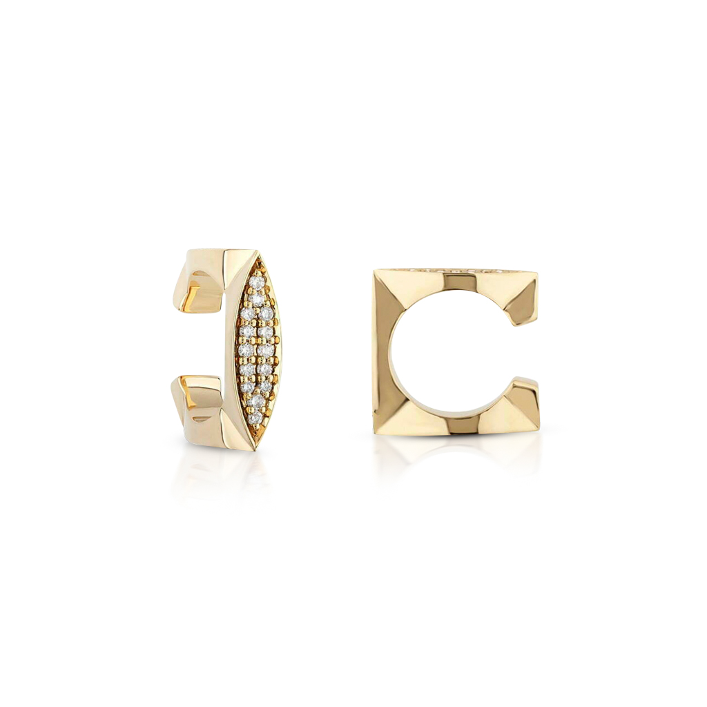 Gold ear cuff featuring a diamond-accented design and a smooth finish.
