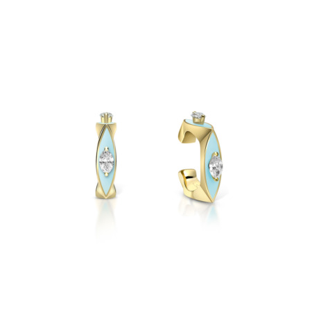 Gold enamel ear cuff featuring blue accents and a diamond at the center.