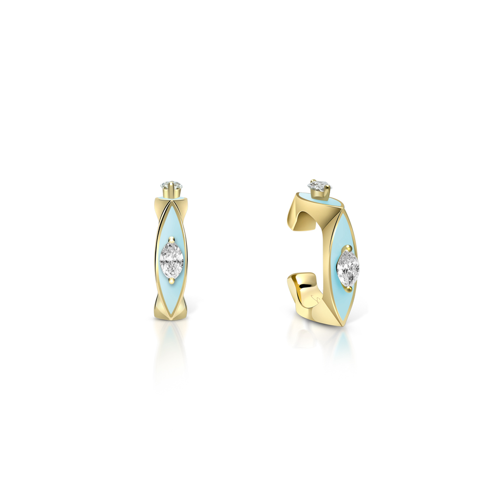 Gold enamel ear cuff featuring blue accents and a diamond at the center.