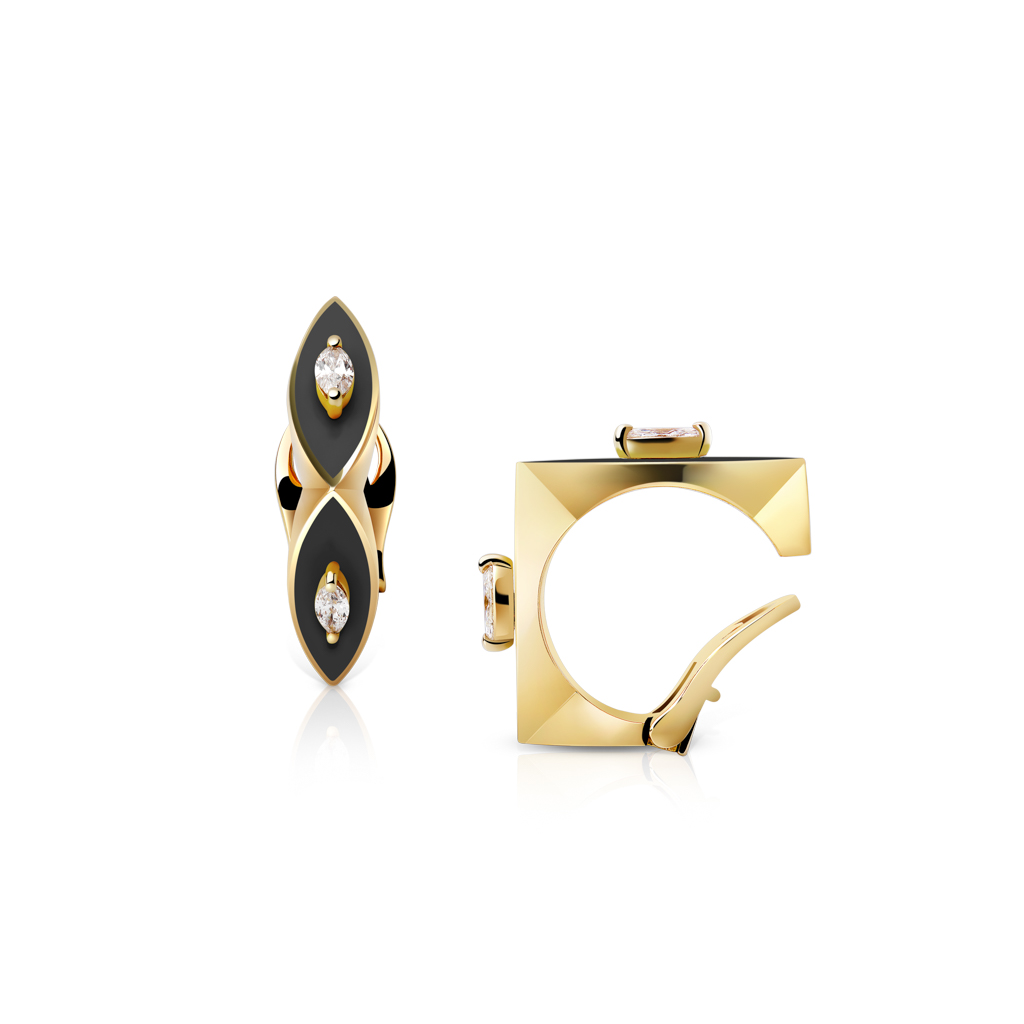 Maxi marquise ear cuff featuring black enamel and yellow gold with decorative stones.