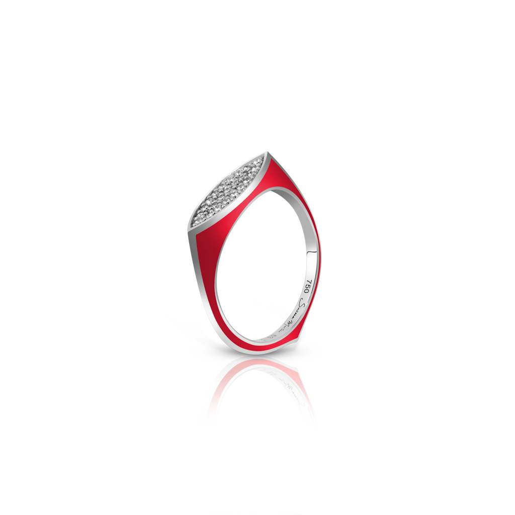 Mini pave ring featuring a marquise design with a red band and diamond-like embellishments.
