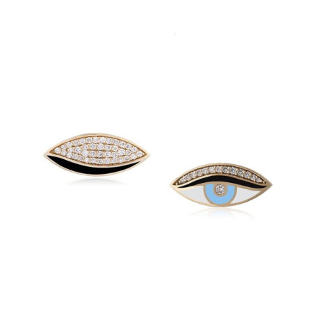 Gold earrings featuring eye design with diamonds and blue accents, showcasing a unique jewelry piece for fashion enthusiasts.