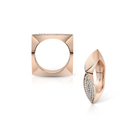 Two rose gold rings, one square and one oval, featuring diamond accents on the surface.
