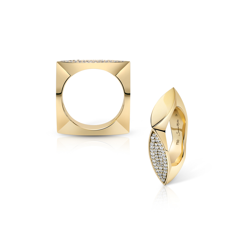 Two gold rings, one square and one oval, featuring diamond accents on the surface.