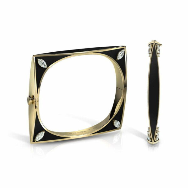Les Marchioness bangle in black with gold accents and diamond-like embellishments, showcasing a modern geometric design.