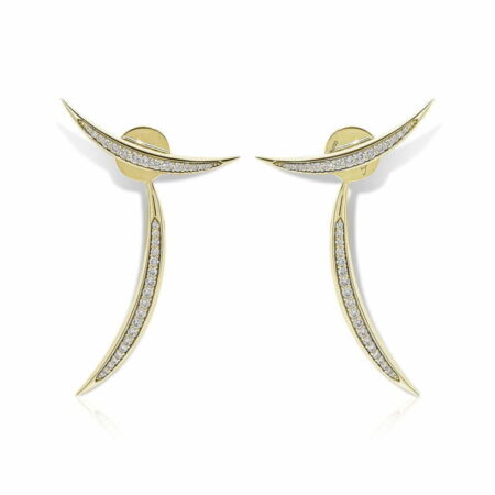 Stylish gold earrings featuring a unique design with sparkling diamonds, perfect for adding elegance to any outfit.
