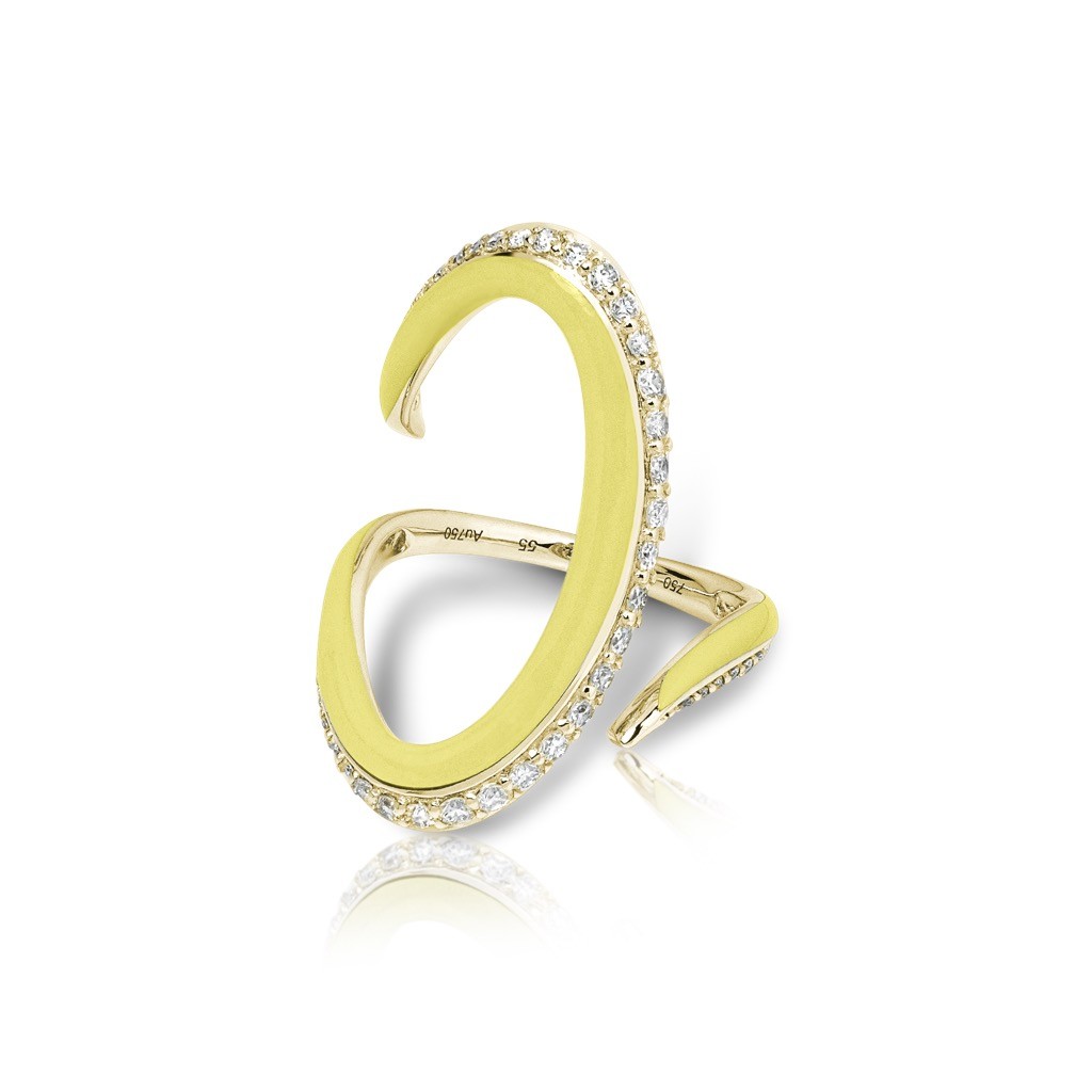 Yellow banana enamel ring featuring a unique design with sparkling crystals, perfect for adding a pop of color to any outfit.