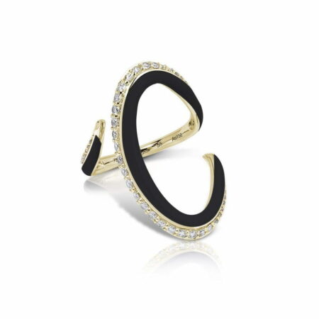 Banana enamel ring featuring a black band with gold accents and sparkling crystals, showcasing a modern design.