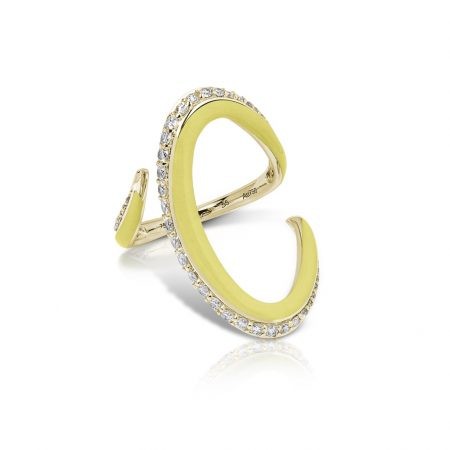 Yellow banana enamel ring featuring a unique design and crystal embellishments, perfect for adding a pop of color to any outfit.