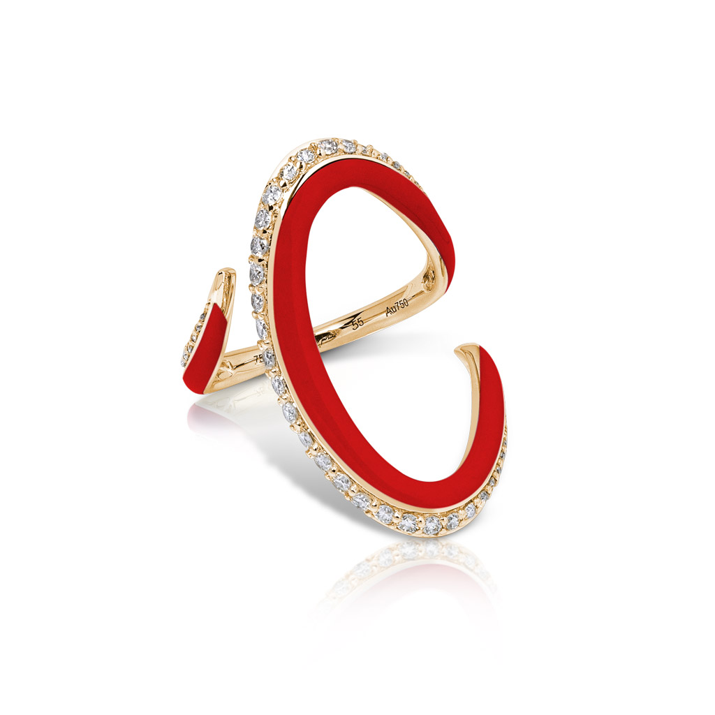 Calatrava Crayon Strokes Ring featuring a red enamel finish and diamond accents, showcasing a unique design and luxurious appeal.
