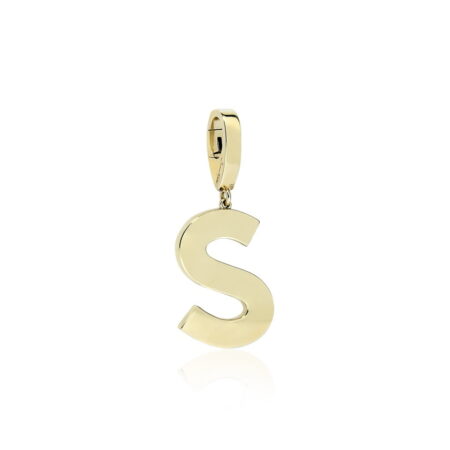 Gold letter S charm pendant with a polished finish, ideal for jewelry collections and personalized accessories.