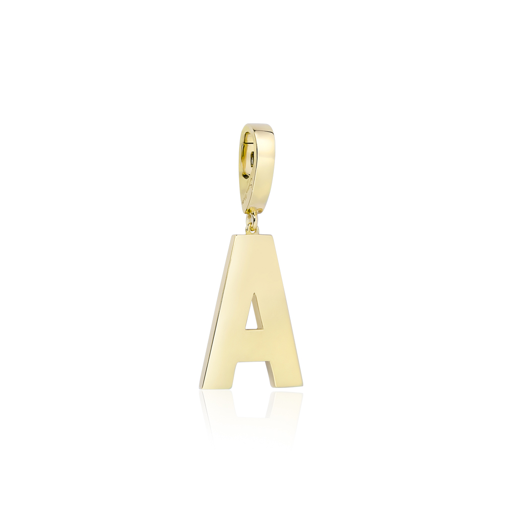 Gold charm in the shape of the letter A with a smooth finish and a loop for attachment.
