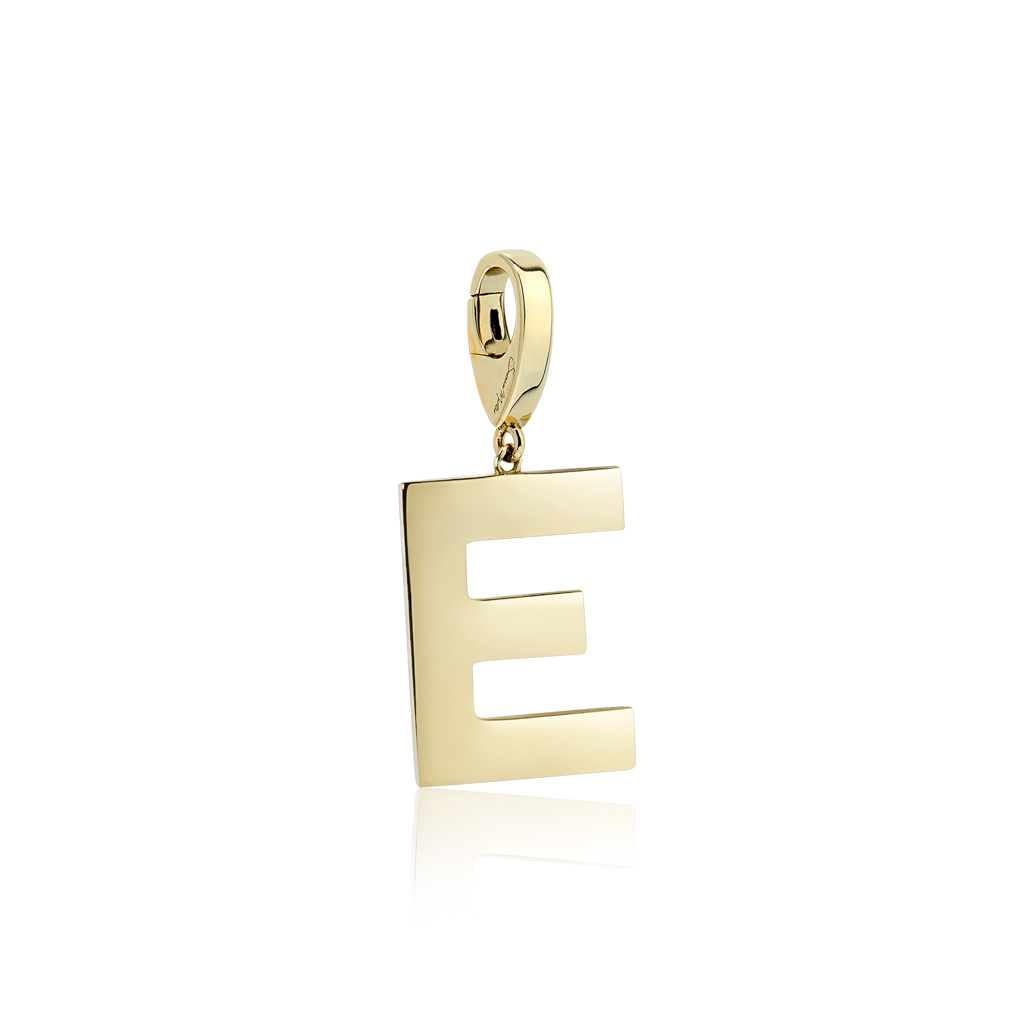 Gold charm in the shape of the letter E with a polished finish.