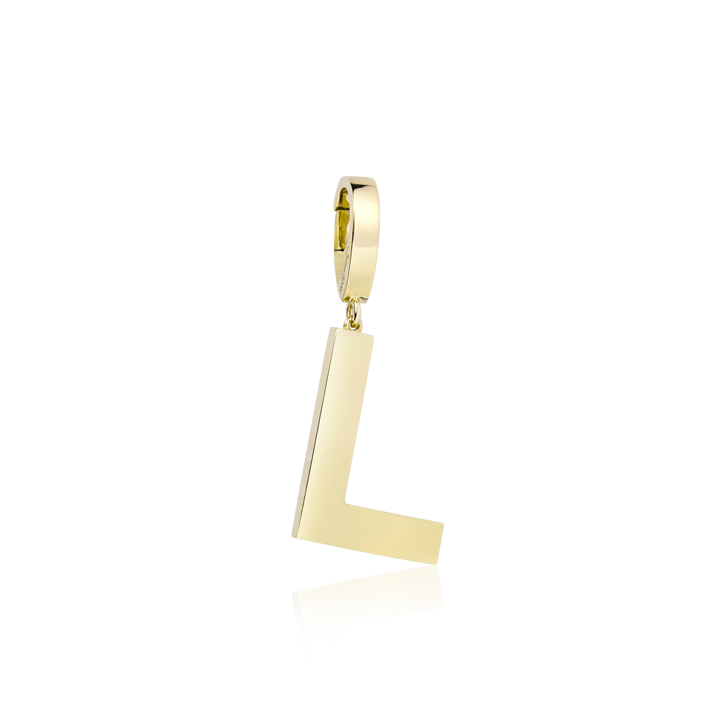 Gold charm in the shape of the letter L with a hoop attachment for jewelry.