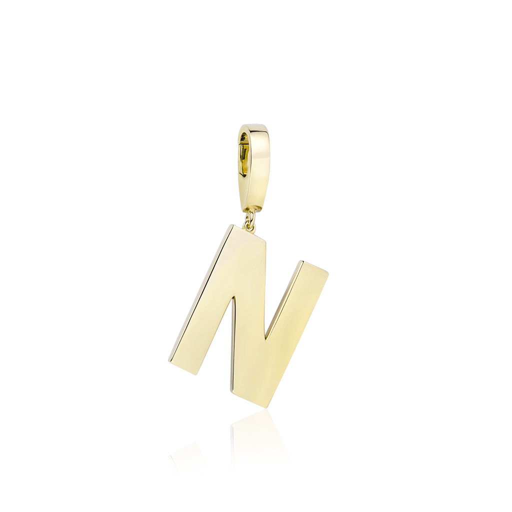 Gold charm in the shape of the letter N, featuring a polished finish and a loop for attachment.