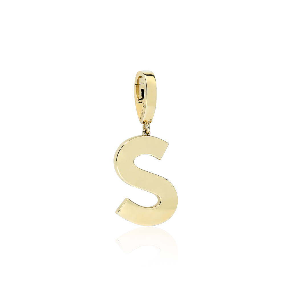 Gold charm in the shape of the letter S with a loop for attachment.