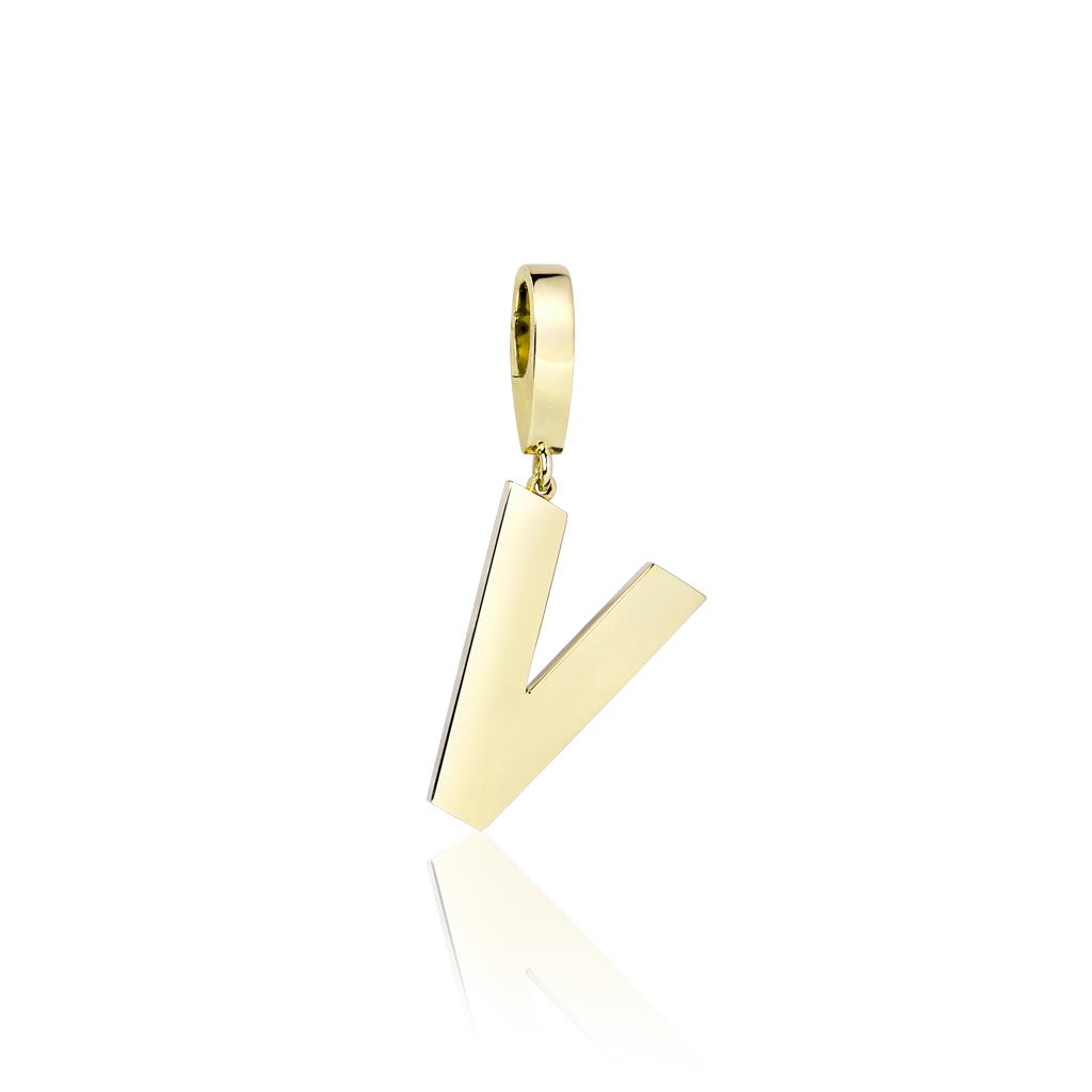 Gold charm pendant in the shape of the letter V with a polished finish.