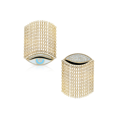 Gold double-faced eye ring featuring chains and a decorative eye design with gemstones.